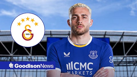 Baris Alper Yilmaz in an Everton shirt, Galatasaray badge in inset