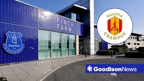 Everton's Finch Farm training base and Nagoya Grampus badge in inset