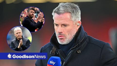 Jamie Carragher working as a Sky Sports pundit, with David Moyes and Michael Carrick in circular frames inset