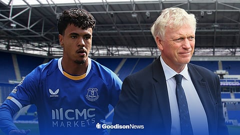 Adam Aznou in an Everton kit, with David Moyes alongside him and Hill Dickinson Stadium in the background