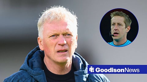 Main image of Everton manager David Moyes looking confused and Premier League referee John Brook's face in a circular inset on the right