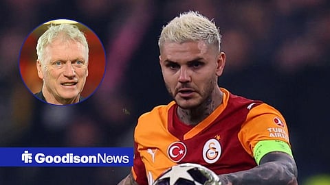 Main image of Mauro Icardi playing for Galatasaray and Everton manager David Moyes' face in a circular inset on the left
