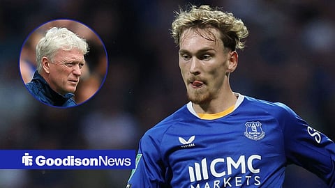 James Garner in action for Everton against Preston North End at Deepdale Stadium during Carabao Cup third round, and David Moyes watching on from pitchside in a circular frame inset