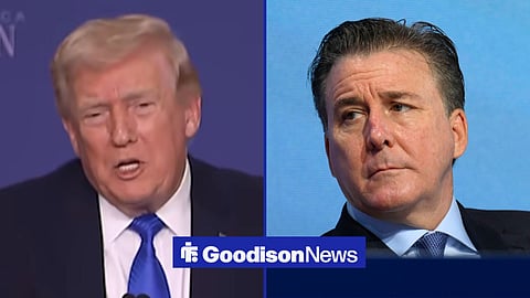 A 50;50 image showing Donald Trump on the left doing a speech while wearing a blue tie. On his right is Everton owner Dan Friedkin.
