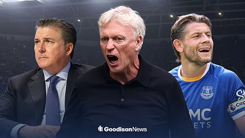 An image showing Dan Friedkin and James Tarkowski either side of an angry David Moyes with Hill Dickinson Stadium in the background.