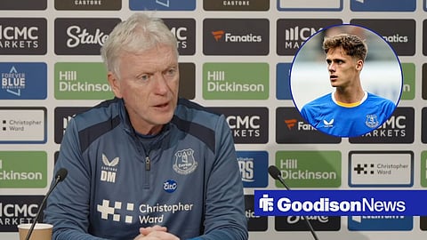 David Moyes speaking at a press conference, with Harrison Armstrong in a circular frame inset