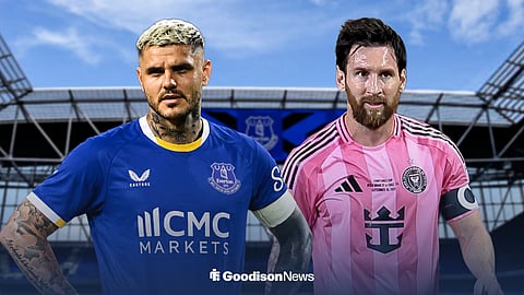 Mauro Icardi in an Everton shirt and Lionel Messi in action for Inter Miami ahead of Hill Dickinson Stadium