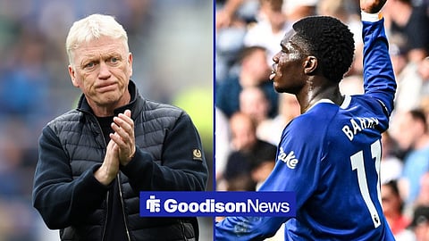 Thierno Barry and Everton boss David Moyes in a 50-50 image