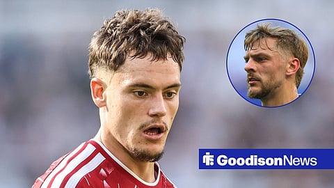 Main image of Florian Wirtz playing for Liverpool and Everton midfielder Kiernan Dewsbury-Hall's face in a circular inset on the right