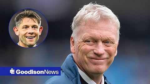Main image of David Moyes smiling and Everton defender James Tarkowski's face in a circular inset on the left