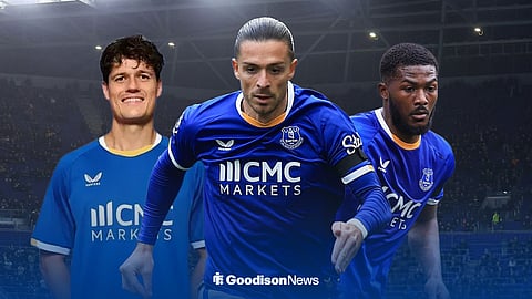 Christian Norgaard, Jack Grealish, Ainsley Maitland-Niles in action for Everton ahead of Hill Dickinson Stadium