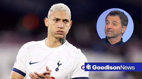 Richarlison in a Tottenham Hotspur shirt and Tim Sherwood speaking on Sky Sports in a circualr frame inset