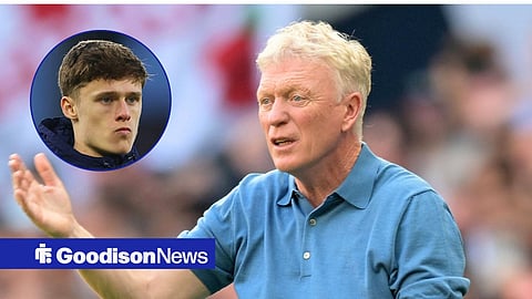 Main image of Everton manager David Moyes and Harrison Armstrong's face in a circular inset on the left