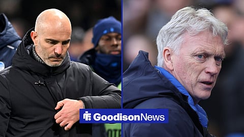 Enzo Maresca looking down while David Moyes stares straight with back turned in image split