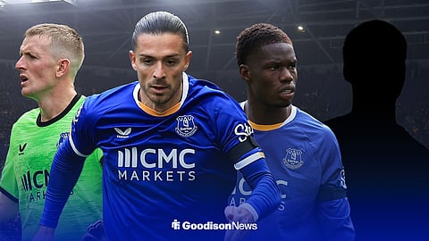 Jordan Pickford, Jack Grealish and Thierno Barry in action for Everton, with a silhouette of an unidentified player alongside them