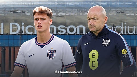 Harrison Armstrong in an England shirt and Lee Carsley looking on for England's U21s ahead of Hill Dickinson Stadium, home of Everton.