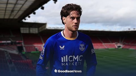 Hayden Hackney wearing an Everton shirt ahead of the Riverside Stadium, home of Middlesbrough FC.