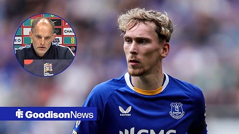 James Garner in action for Everton, with Thomas Tuchel speaking at a press conference in a circular frame inset