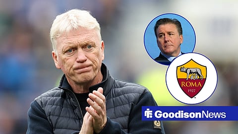 David Moyes applauds, with Dan Friedkin and a Roma badge in circular frames inset