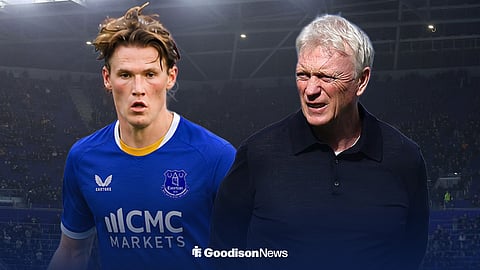 Scott McTominay in action while wearing an Everton shirt and David Moyes ahead of Hill Dickinson Stadium