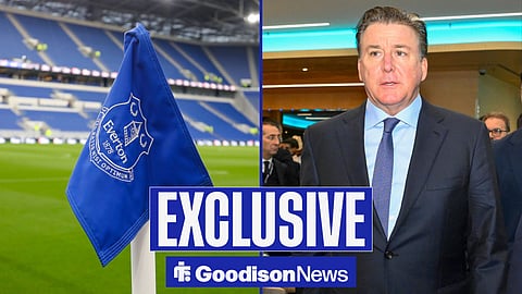 A 50:50 image with a corner flag with the Everton badge on it at Hill Dickinson Stadium. On the right is Everton owner Dan Friedkin in a suit.