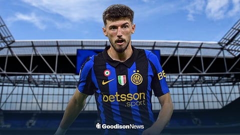 Petar Sucic in an Inter Milan kit ahead of Hill Dickinson