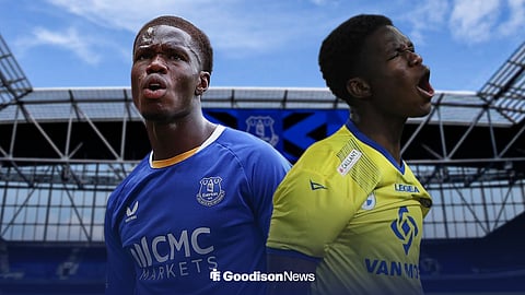 Thierno Barry in an Everton shirt and Thierno Barry in an SK Beveren shirt