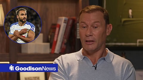 Duncan Ferguson speaking, with Dominic Calvert-Lewin in a circular frame inset