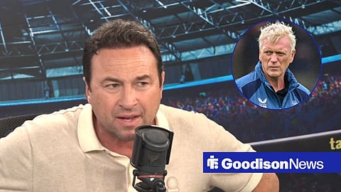 Jason Cundy talking on talkSPORT, with David Moyes in a circular frame inset