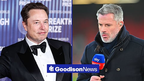 A 50:50 image. On the left is X owner Elon Musk wearing a tuxedo. On the right is ex-Liverpool defender Jamie Carragher holding a Sky Sports microphone.