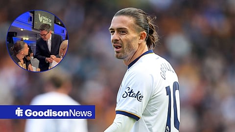 Jack Grealish in action for Everton, while he is seen speaking to Andy Burnham in a circular frame inset