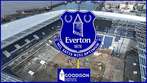 Aerial footage of Everton stadium at Bramley-Moore Dock. Credit: Everton Stadium on X