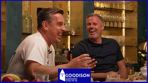 Gary Neville and Jamie Carragher in stitches after what was said about Everton. Credit: The Overlap via YouTube