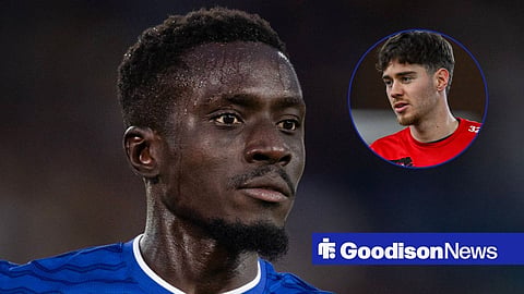 Main image of Idrissa Gueye while playing for Everton and Hayden Hackney's face in a circular inset on the right