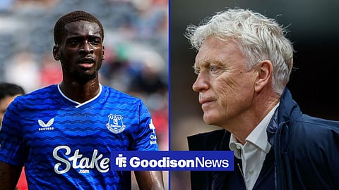 Split image of Tim Iroegbunam looking on during a game playing for Everton and David Moyes on the sidelines managing Everton
