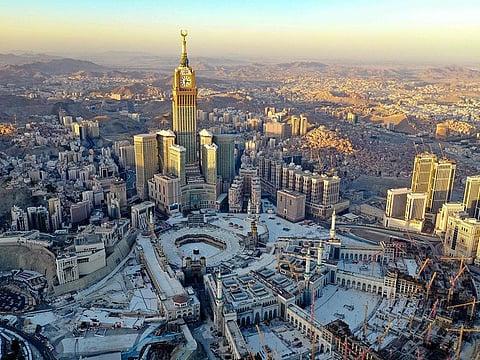 An aerial view shows the Grand Mosque and the Mecca Tower in the Saudi holy city of Mecca.