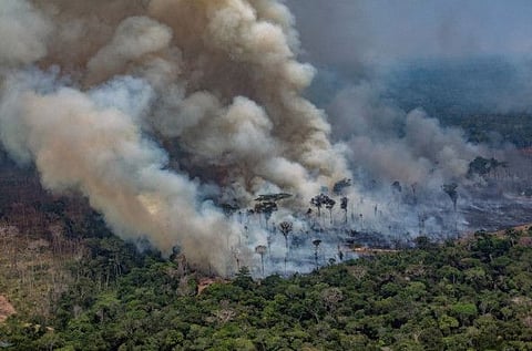 Handout aerial released by Greenpeace showing smoke billowing from forest fires in the municipality of Candeias do Jamari, close to Porto Velho in Rondonia State, in the Amazon basin in northwestern Brazil, on August 24, 2019. Brazil on August 25 deployed two Hercules C-130 aircraft to douse fires devouring parts of the Amazon rainforest. The latest official figures show 79,513 forest fires have been recorded in the country this year, the highest number of any year since 2013. More than half of those are in the massive Amazon basin. Experts say increased land clearing during the months-long dry season to make way for crops or grazing has aggravated the problem this year.