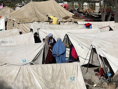 Internally displaced Afghan take refuge in a public park Kabul. Tens of thousands of Afghans have fled their homes, with many fearing a return to the Taliban's oppressive rule. The group had previously governed Afghanistan under a harsh version of Islamic law in which women were largely confined to the home.