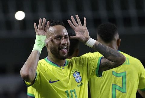 Brazil's Neymar celebrates scoring his side's 5th goal against Bolivia during a qualifying match for the Fifa World Cup 2026 at Mangueirao stadium in Belem, Brazil, on Friday.