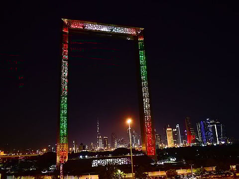 The Dubai Frame lights up in the UAE colours on the occasion of Eid Al Etihad (file photo)