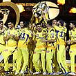 Chennai Super Kings’ players celebrate with the trophy after being crowned champions in the Tata Indian Premier League at the Narendra Modi Stadium in Ahmedabad on May 29, 2023. They defeated the Gujarat Titans by five wickets in the final.