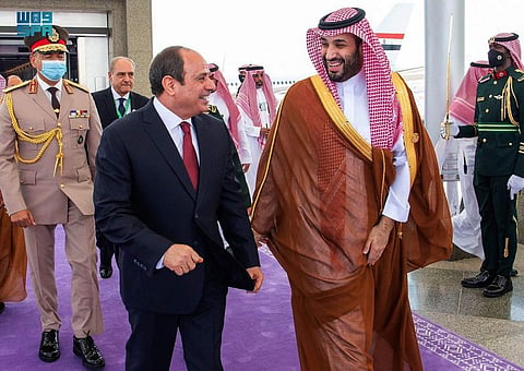 Egyptian President Abdul Fattah Al Sissi with Saudi Crown Prince Mohammed bin Salman. Egypt's parliament has authorised defensive military support for Saudi Arabia amid escalating Houthi attacks.
