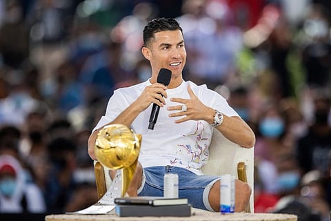 Cristiano Ronaldo speaks during his visit to Expo 2020 Dubai at Al Wasl Plaza, in Dubai.