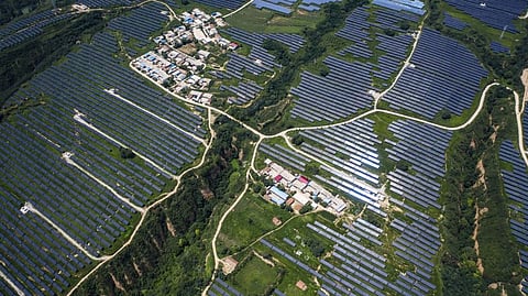 Photo shows solar panels at a plant co-owned by Longi Green Energy Technology Co. and China Three Gorges Corp. in this aerial photograph taken in Tongchuan, Shaanxi Province, China. Longi is the world's largest producer of solar wafers and the world's largest solar company by market value.