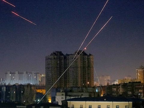 Tracers are seen in the night sky as Ukrainian servicemen fire on the drone as Russia's attack on Ukraine continues, in Kyiv. File photo.