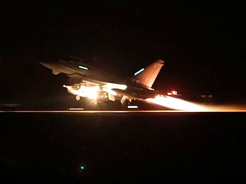An RAF Typhoon aircraft takes off to join the US-led coalition from RAF Akrotiri to conduct air strikes against military targets in Yemen, aimed at the Houthi militia that has been targeting international shipping in the Red Sea, in Cyprus.