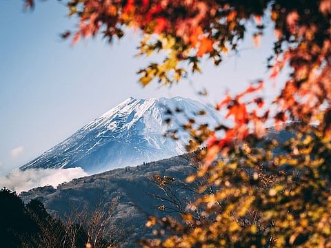Mount Fuji, an active volcano and Japan's highest peak, is covered in snow for most of the year.