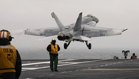 An F/A-18 E is launched from the deck of the aircraft carrier USS Gerald R. Ford during flight deck operations, off the Virginia Coast.