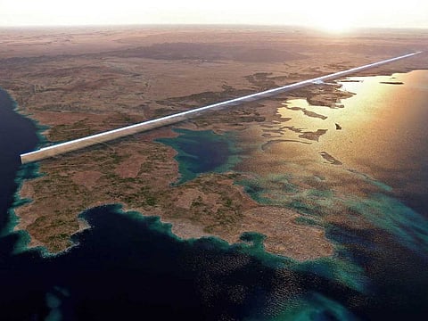 The design for the 500-metre tall parallel structures, known collectively as The Line, in the heart of the Red Sea megacity Neom. The futuristic megacity in Saudi Arabia will feature two massive, mirror-encased skyscrapers that extend over 170 kilometres of desert and mountain terrain, ultimately housing nine million people.