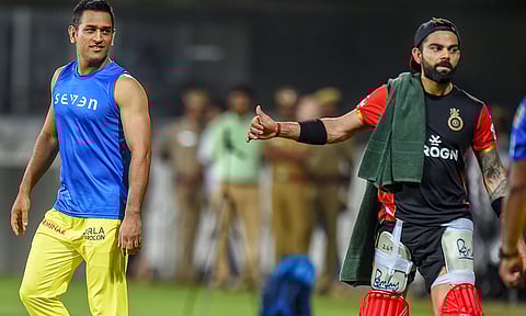 Skippers of Chennai Super Kings (CSK) MS Dhoni and Royal Challengers Bangalore (RCB) Virat Kohli at a practice session in Chennai.